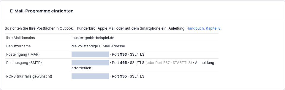 Kasten „E-Mail-Programme einrichten“ unter Mein Hosting (Servername hier abgedeckt)