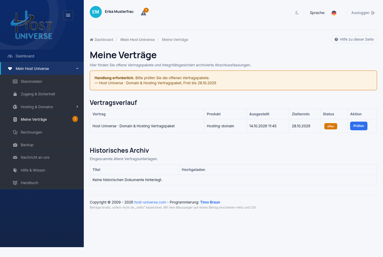 Seite „Meine Verträge“ mit einem offenen Paket